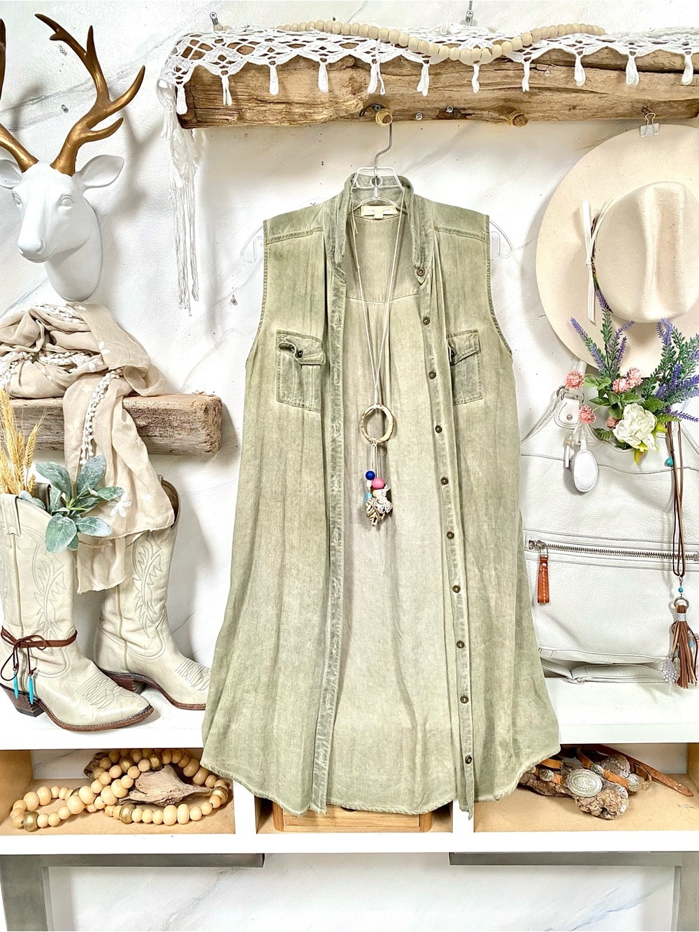 Anthropologie Black Swan rustic olive green boho vest w resort vacay beach vibe